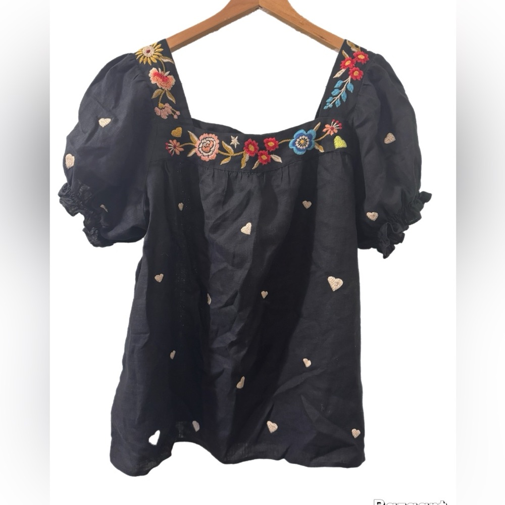 Johnny Was Black Blouse with Floral Embroidery